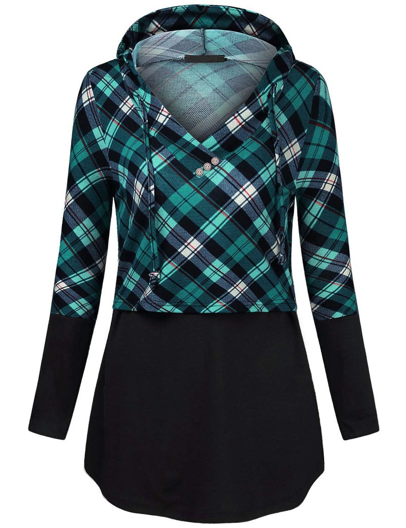 connche Quinee Nursing Sweatshirts for Breastfeeding, Pullover Hoodies for Women Kangaroo Pocket Maternity Shirts Long Sleeve Autumn Thin Tunic Tops for Leggings Black Blue Plaid S - Image 2